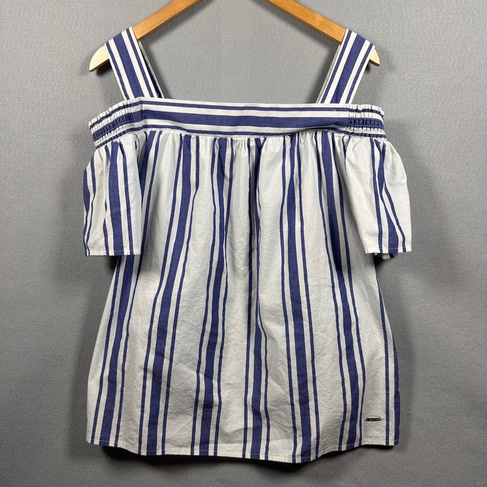 Nautica Womens Blue White Striped Cold Shoulder Blouse Smocked Short Sleeve L